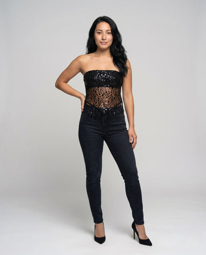 Damen Pailletten-Bandeau-Top mit Fransen EB
