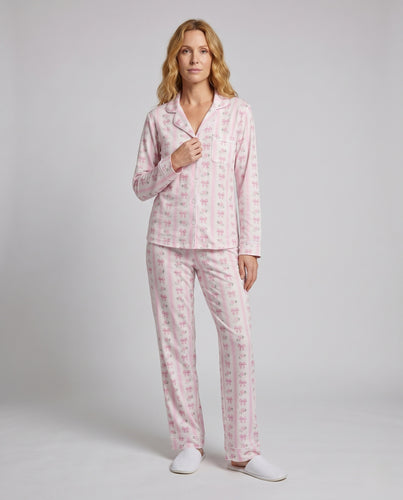 Damen Pyjama-Set mit süßem Schleifenmuster und elastischem Bund EB