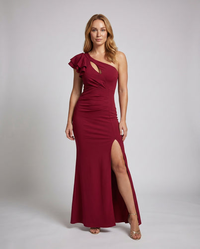 Damen Abendkleid mit eindrucksvoller Rüsche und sexy Schlitz EB