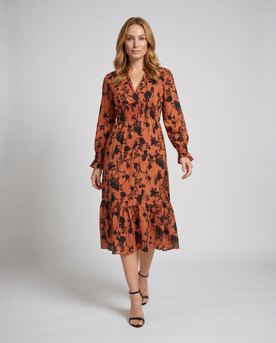 Damen Blümchen-Maxikleid mit tailliertem Schnitt und Rüschendetails EB