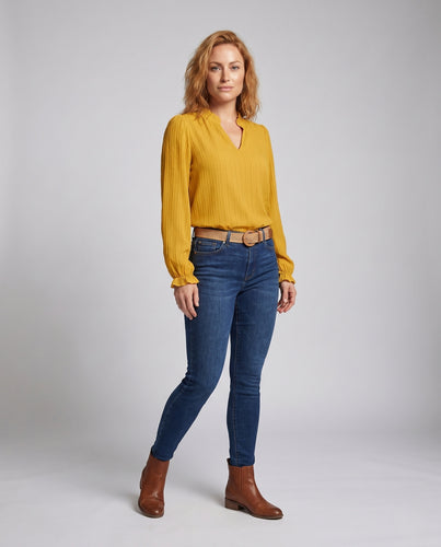 Damen Bluse mit hochgezogenem Kragen und eleganten Falten EB