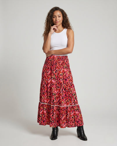 Damen Boho-Maxi-Rock mit Smockbund und fröhlichem Muster EB