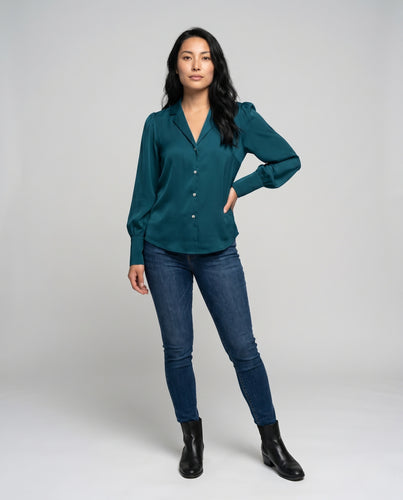Damen Elegante Bluse mit Puffärmeln und durchgehendem Knopfverschluss EB
