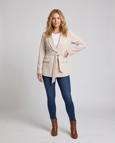 Damen Eleganter Wickelblazer mit Taillengürtel und praktischen Taschen EB