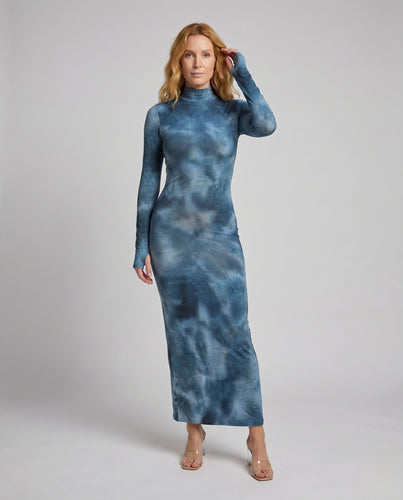 Damen Figurbetontes Langarmkleid mit modernem Batikmuster EB