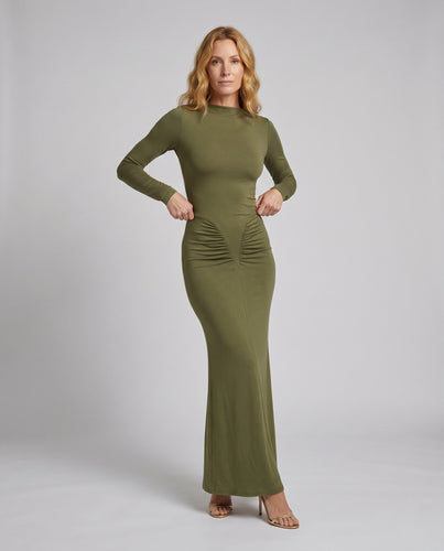 Damen figurbetontes Langarmkleid mit Raffungen EB