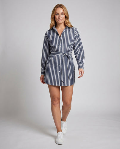 Damen Hemdblusenkleid mit taillierbarem Gürtel und modernem Streifenmuster EB