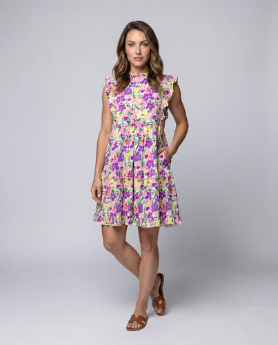 Damen Kurzarm-Wickelkleid mit fröhlichem Blumenmuster und Rüschendetails EB