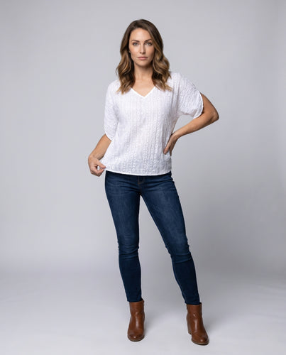 Damen lässige Bluse mit V-Ausschnitt und charmantem Lochmuster EB