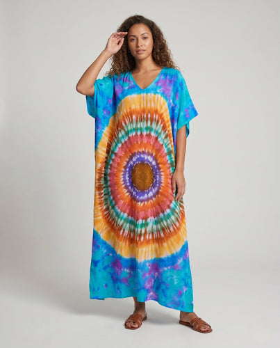 Damen Maxi-Kleid mit aufregendem Batikdesign und voluminösen Ärmeln EB