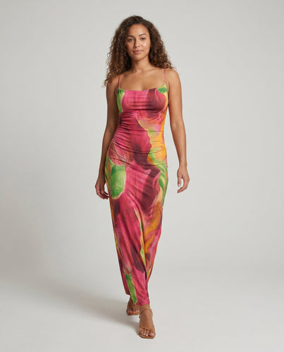 Damen Maxi-Kleid mit eleganten Spaghettiträgern und lebhaftem Farbdesign EB
