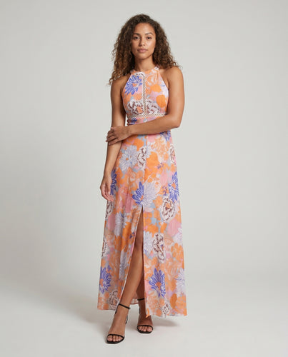Damen maxi Kleid mit floralem Design und femininem Schlitz EB