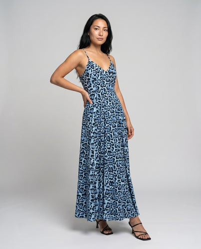 Damen Maxi-Kleid mit tiefem V-Ausschnitt und elegantem Leopardenmuster EB