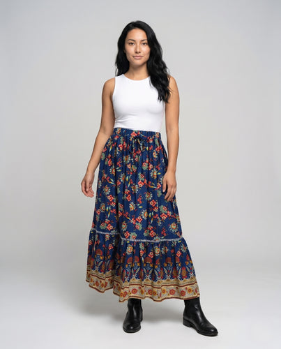Damen Maxi-Rock mit floralem Design und voluminösem Saum EB