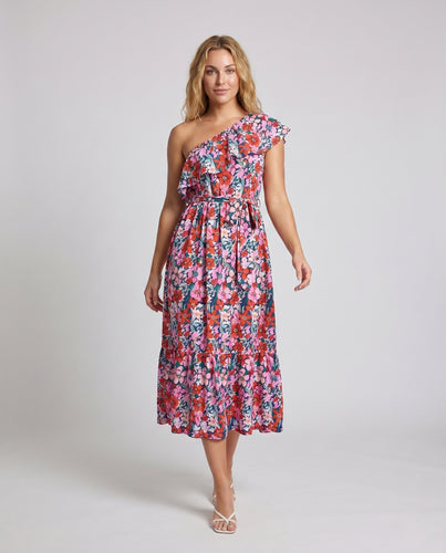 Damen Maxikleid mit asymmetrischem Schnitt und verspielten Rüschendetails EB
