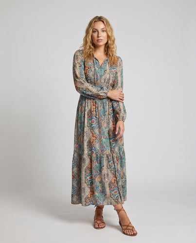 Damen Maxikleid mit boho-inspiriertem Muster und elastischem Taillenzug EB
