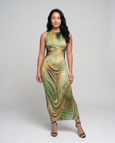 Damen Maxikleid mit elegantem Marmormuster und schmalem Schnitt EB