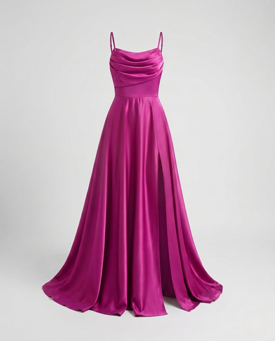 Damen Maxikleid mit elegantem Schlitz und fließendem Satinmaterial EB