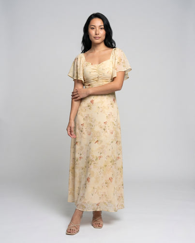 Damen Maxikleid mit elegantem tiefem Ausschnitt und femininen Rüschendetails EB