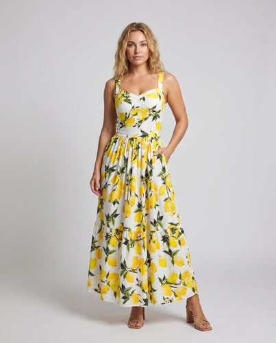 Damen Maxikleid mit erfrischendem Zitronenprint und schwingendem Saum EB