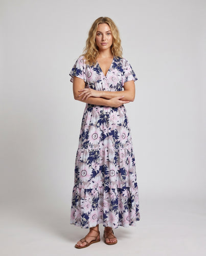 Damen Maxikleid mit floralem V-Ausschnitt und voluminösen Ärmeln EB