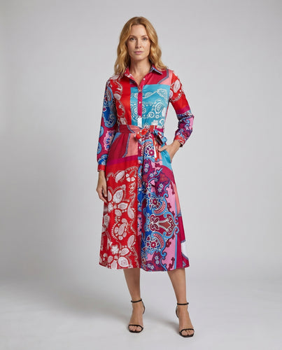 Damen Maxikleid mit modernem Paisleymuster und bindbarem Taillengürtel EB