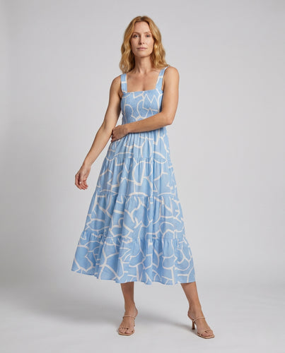 Damen Maxikleid mit raffiniertem Smock-Oberteil und fröhlichem Muster EB