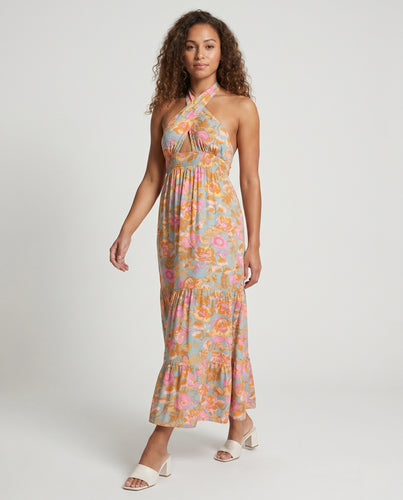 Damen Maxikleid mit schulterfreiem Design und floralen Rüschen EB