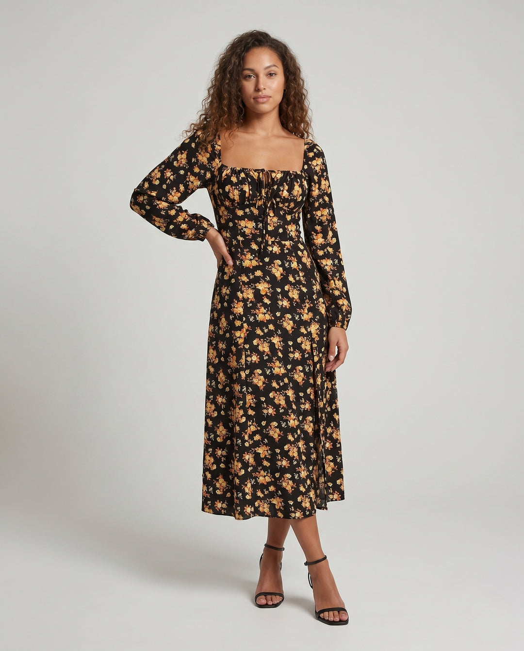 Damen Maxikleid mit tailliertem Schnitt und floralen Rüschendetails EB