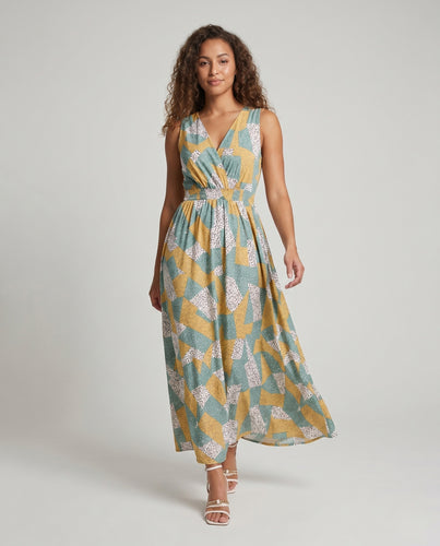 Damen Maxikleid mit tiefem V-Ausschnitt und elegantem Grafikdesign EB