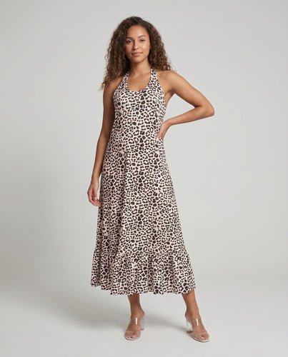 Damen Maxikleid mit tiefem V-Ausschnitt und voluminösem Saum EB