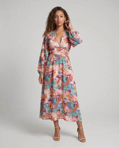 Damen Maxikleid mit tiefem V-Ausschnitt und voluminösen Ärmeln EB