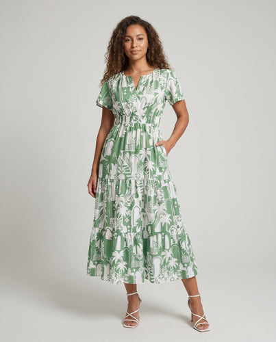 Damen Maxikleid mit tierischem Muster und modischem Volant EB