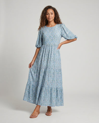 Damen Maxikleid mit voluminösen Ärmeln und verspieltem floralem Design EB