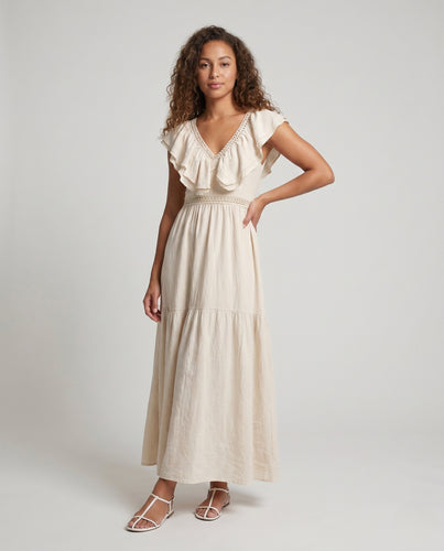 Damen Maxikleid mit voluminösen Rüschendetails und verführerischem V-Ausschnitt EB