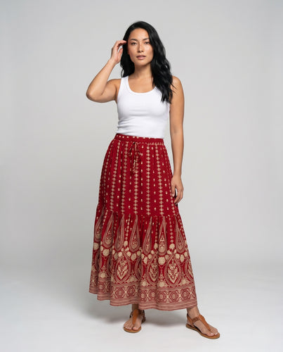 Damen Maxirock mit Boho-Muster und elastischem Bund EB