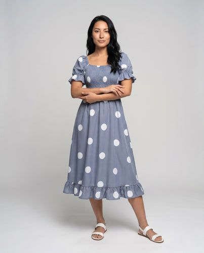 Damen Midi-Kleid mit ausgestellten Puffärmeln und raffiniertem Rüschensaum EB