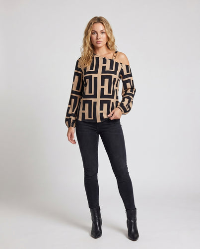 Damen Off-Shoulder Bluse mit grafischem Muster und eleganten Trägerdetails EB
