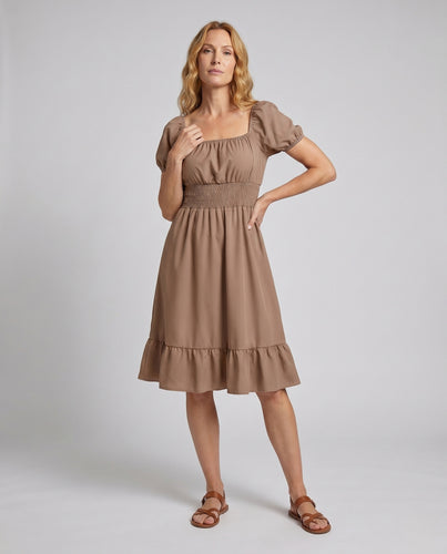 Damen Relaxed Sommerkleid mit schulterfreien Puffärmeln und floralen Akzenten EB