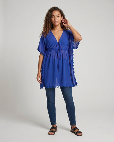 Damen sommerliches Strandkleid mit pomponverzierungen EB
