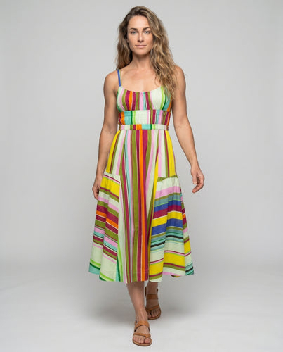 Damen Trägerkleid mit buntem Streifenmuster und praktischen Taschen EB