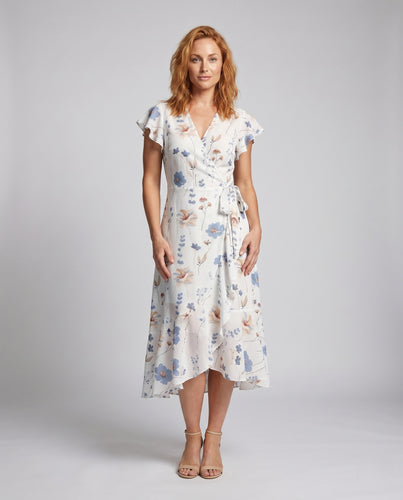 Damen Wickelkleid mit floralen Mustern und voluminösen Ärmeln EB