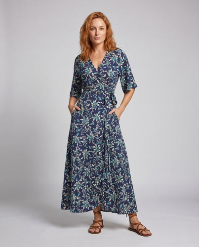 Damen Wickelmaxikleid mit floralen Akzenten und Halbärmeln EB