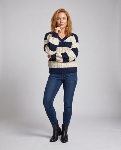 Damen Gemusterter V-Ausschnitt Pullover mit breiten Streifen EB