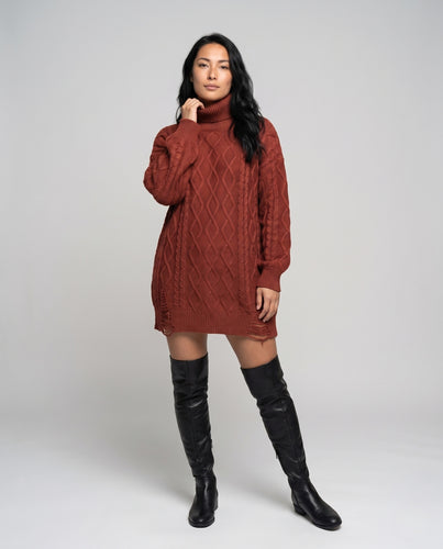 Damen Pulloverkleid mit hohem Kragen und ausgefallenem Strickmuster EB