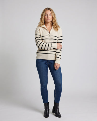 Damen Strickpullover mit Reißverschluss und Streifen EB