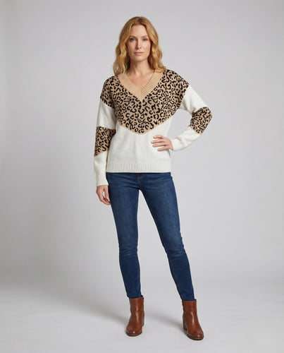Damen V-Ausschnitt Pullover mit Leo-Muster EB