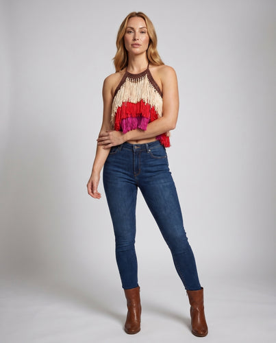 Damen Bohème Cropped Top mit Fransen EB