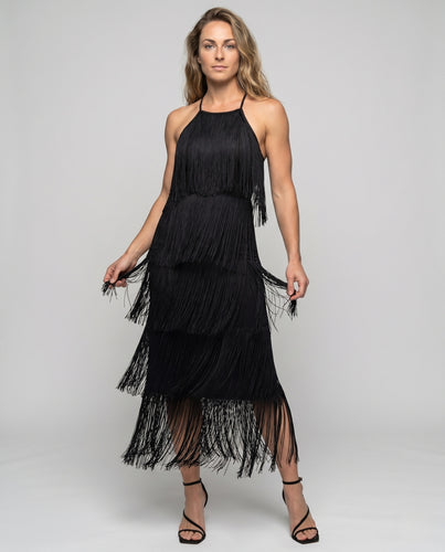 Damen Elegantes Maxikleid mit schimmernden Fransen EB