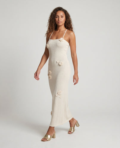 Damen Elegantes Strick-Maxikleid mit floralen Applikationen EB